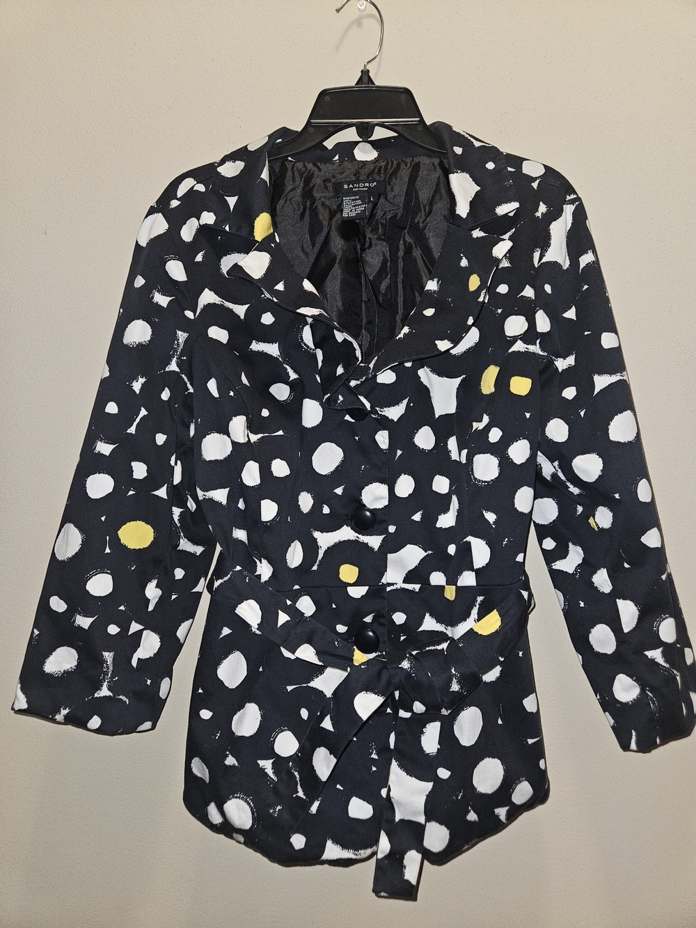 Sandro Black Polka Dot Belted Blazer with White & Yellow Spots